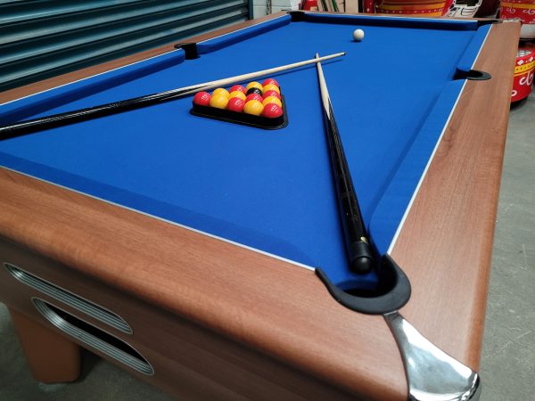 Blackball light walnut 6x3 electronic blue covered pool table with Cues and ball